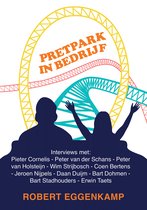 Illustratie van pretparkattracties met de tekst 'Pretpark in Bedrijf' en interviews.