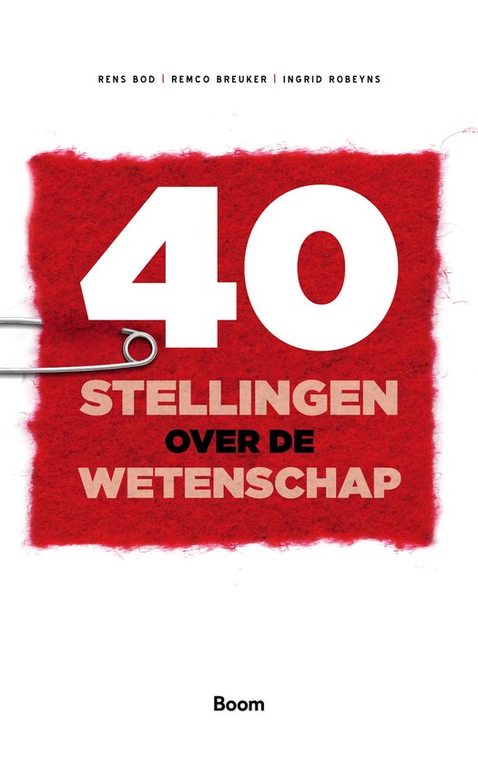Boek "40 stellingen over de wetenschap" met een rode, harige achtergrond en een veiligheidsspeld. De tekst is in witte en oranje letters.
