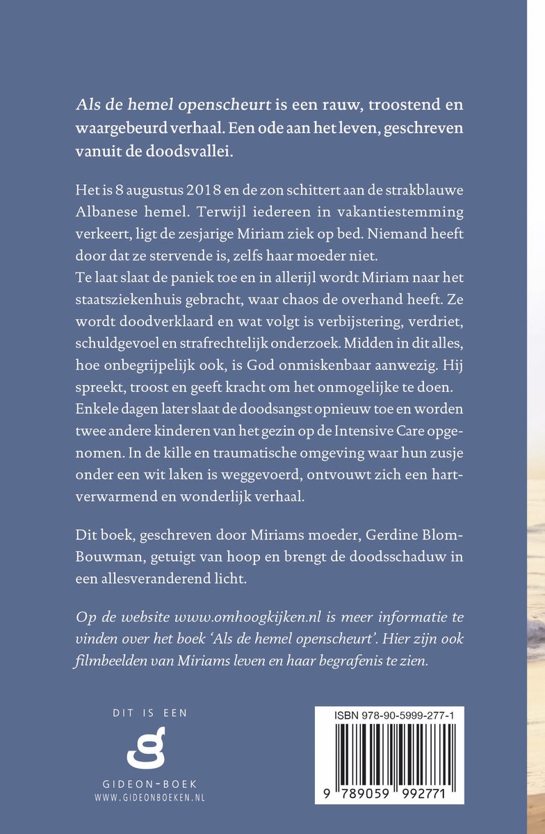 Achterkant van het boek 'Als de hemel openscheurt' met een beschrijving van het waargebeurde verhaal.
