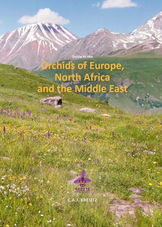 Livre avec un champ de fleurs violettes et jaunes, et des sommets de montagnes en arrière-plan. Titre : Guide des Orchidées d'Europe, d'Afrique du Nord et du Moyen-Orient.