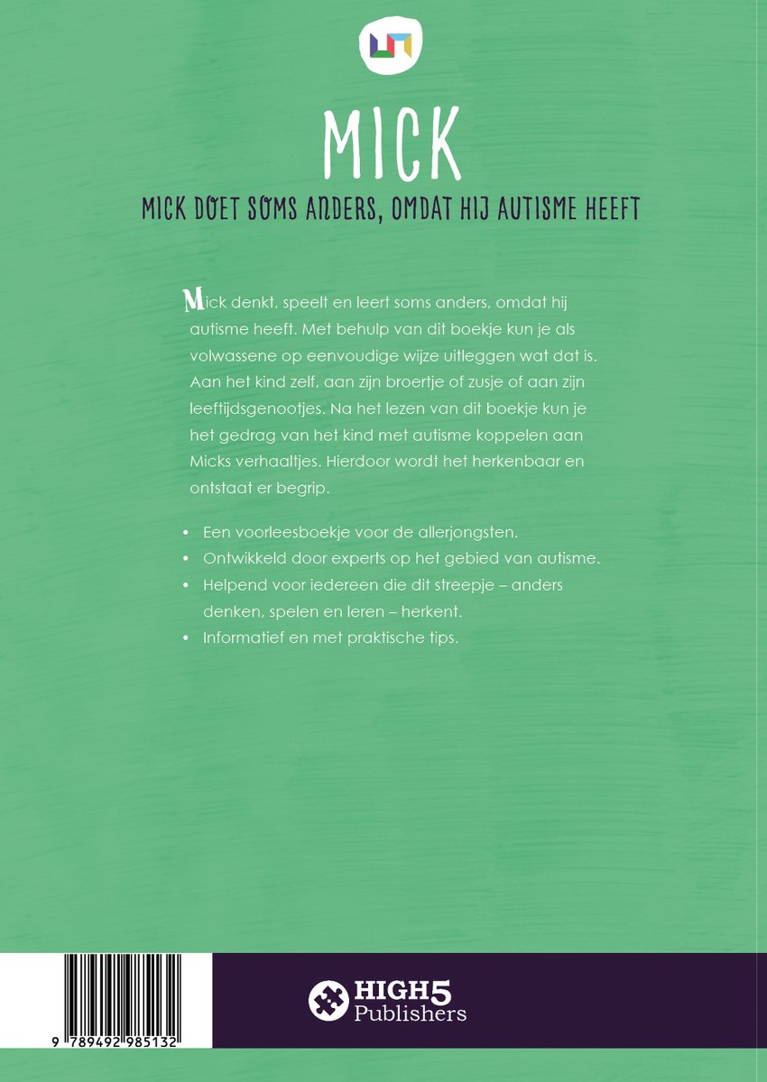 Boek "Mick", een voorleesboekje over autisme voor jonge kinderen. Getekende illustratie op groene achtergrond.