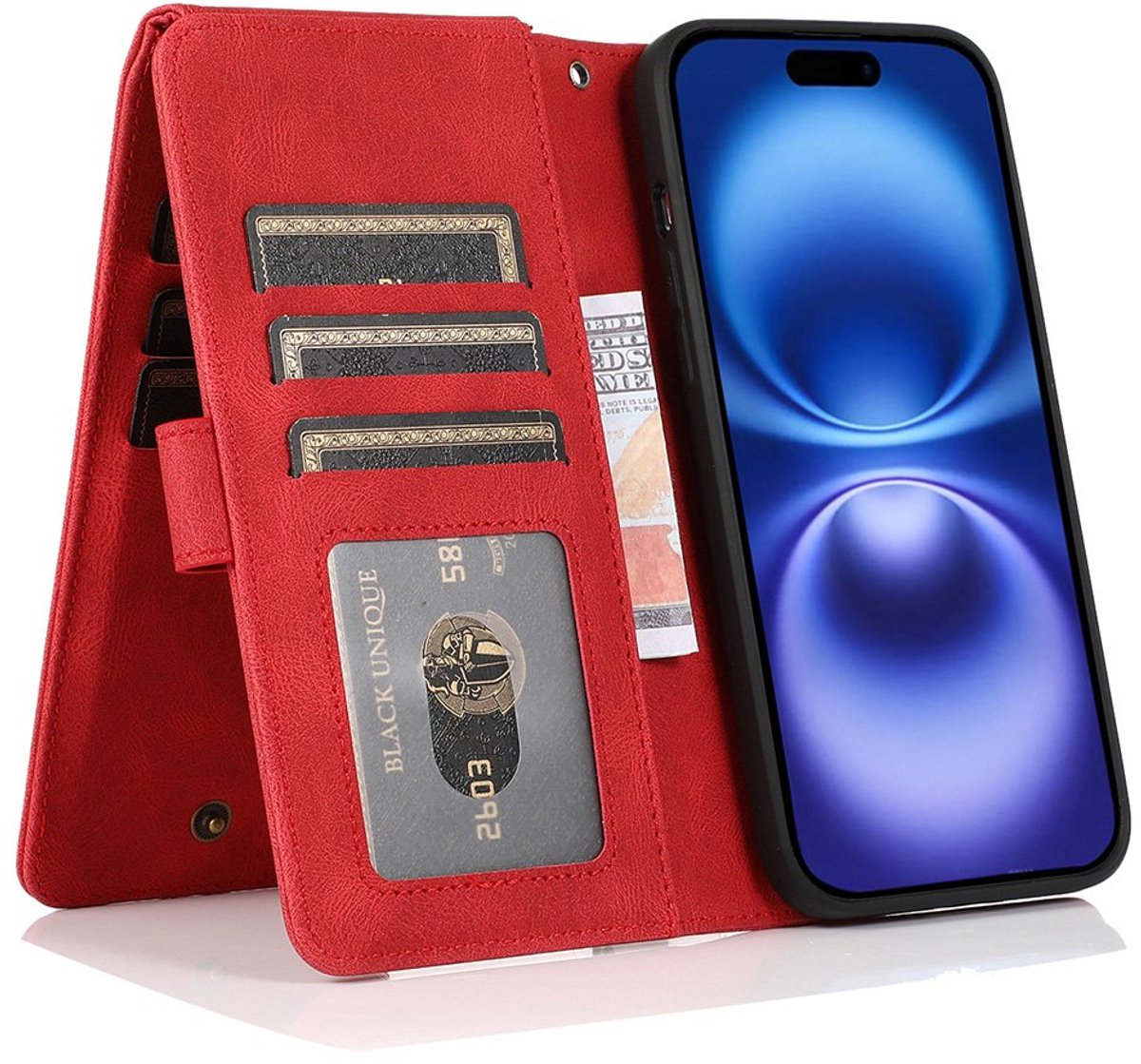 Mobiq - Zacht Leren geschikt voor iPhone 16 Plus Wallet Hoesje - rood