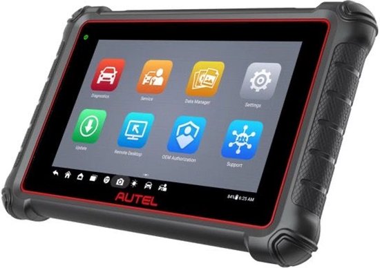 Autel MaxiCOM MK900 diagnose tablet, schuin van voren gefotografeerd, met iconen voor update, remote desktop, OEM autorisatie en support.