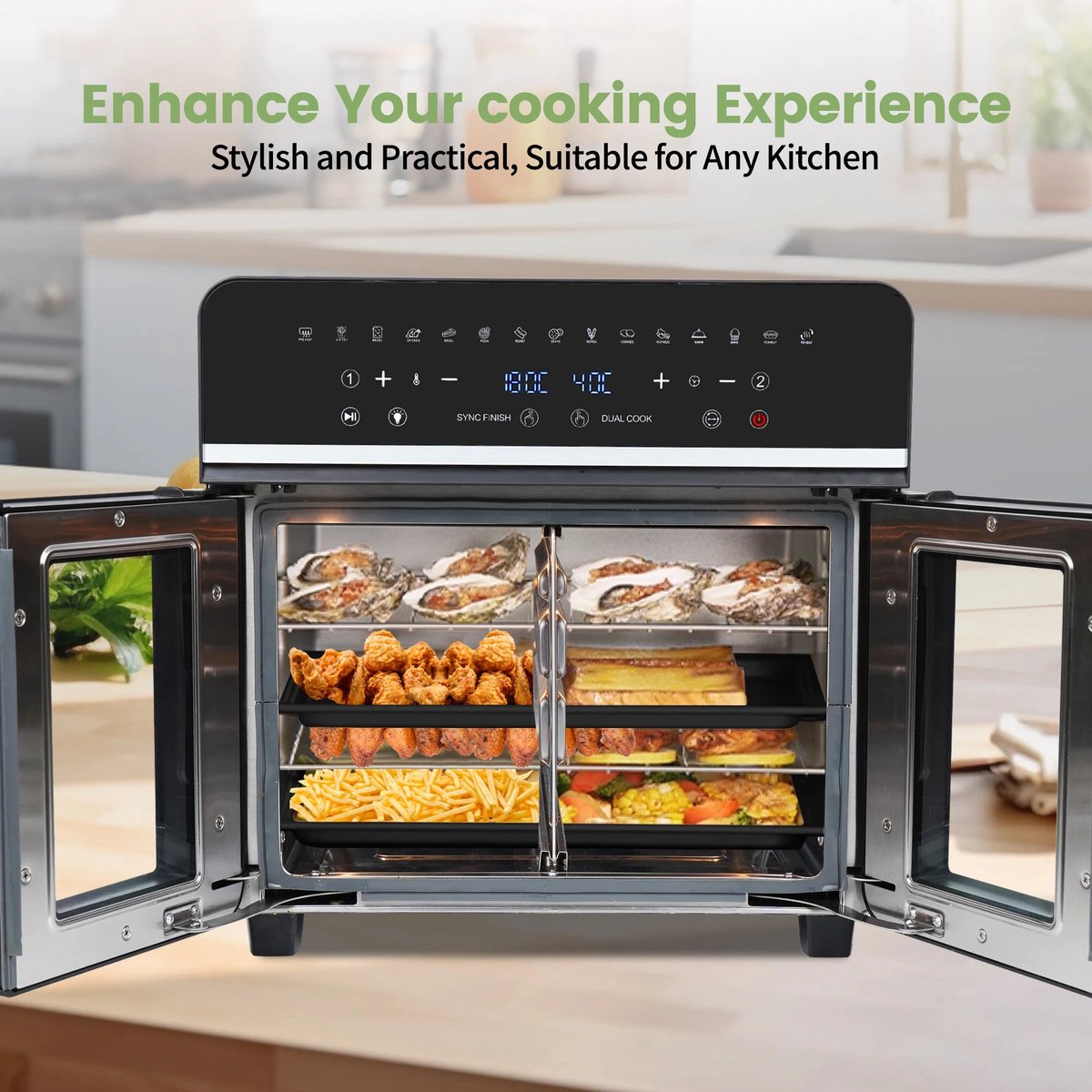 Afbeelding 3 van Heteluchtfriteuse – Airfryer - Airfryer Oven XXL - 23L - Dubbele Lades - 2200W - 240V - LED Touchscreen – 15 Programma’s - Kijkvenster - Zwart
