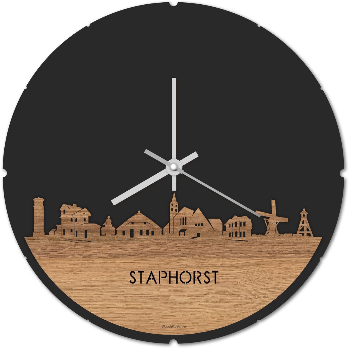 Skyline Klok Rond Staphorst Eikenhout - Ø 44 cm - Stil uurwerk - Wanddecoratie - Meer steden beschikbaar - Woonkamer idee - Woondecoratie - City Art - Steden kunst - Cadeau voor hem - Cadeau voor haar - Jubileum - Trouwerij - Housewarming -
