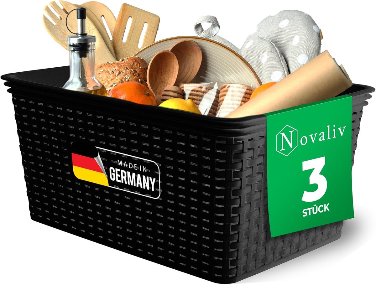 Novaliv Set van 3 voedselveilige manden Keukenopslag 14L Zwarte kunststof rotanlook Keukenopslag & Organisatie BPA-vrije voedselopslagdoos voor theezakjes Snacks Specerijen