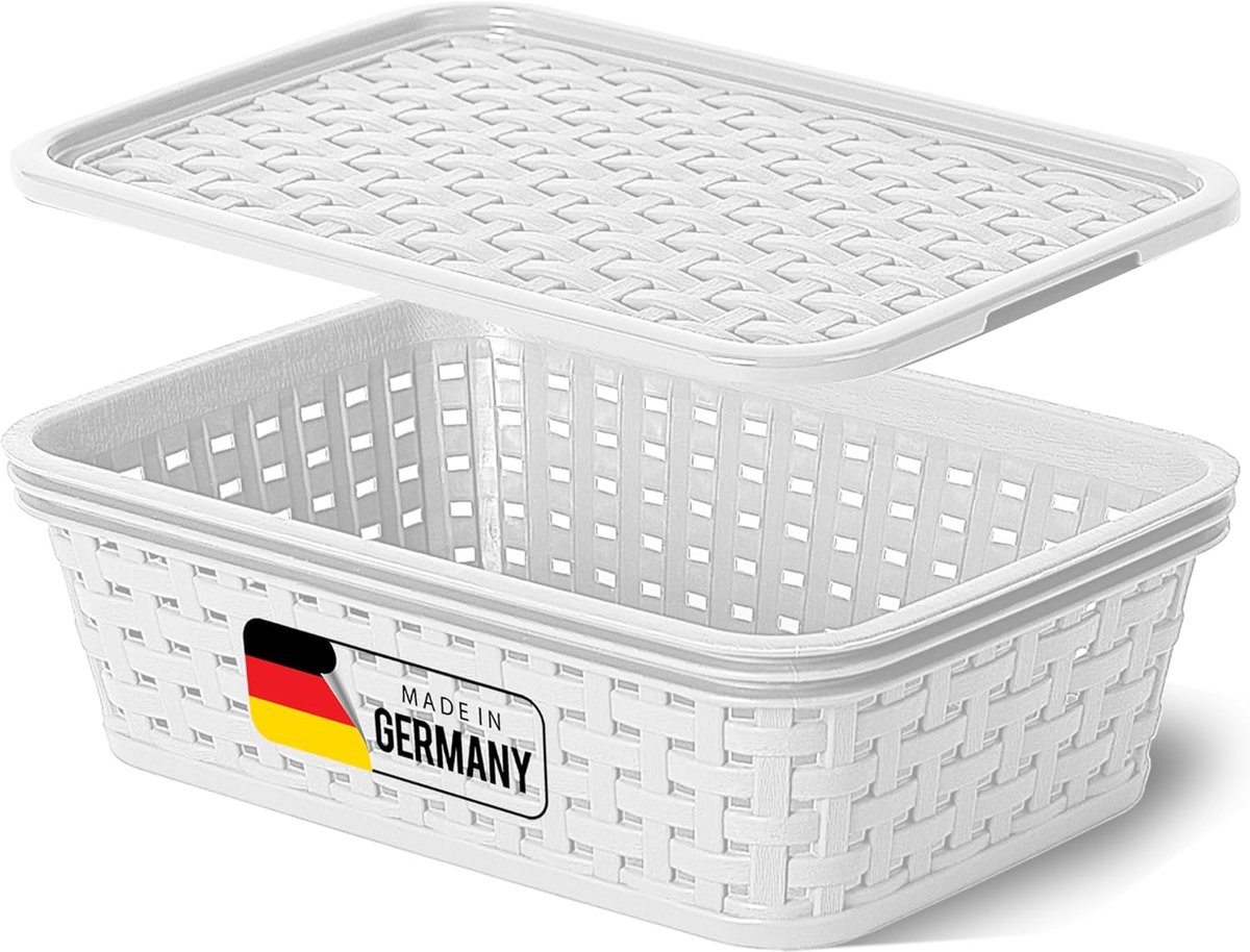 Novaliv opbergdoos met deksel Mini 1L mand wit in rotan design Voedselveilige opbergmand Stapelbare doos Nestbare kunststof BPA-vrije doos Stofbox met deksel