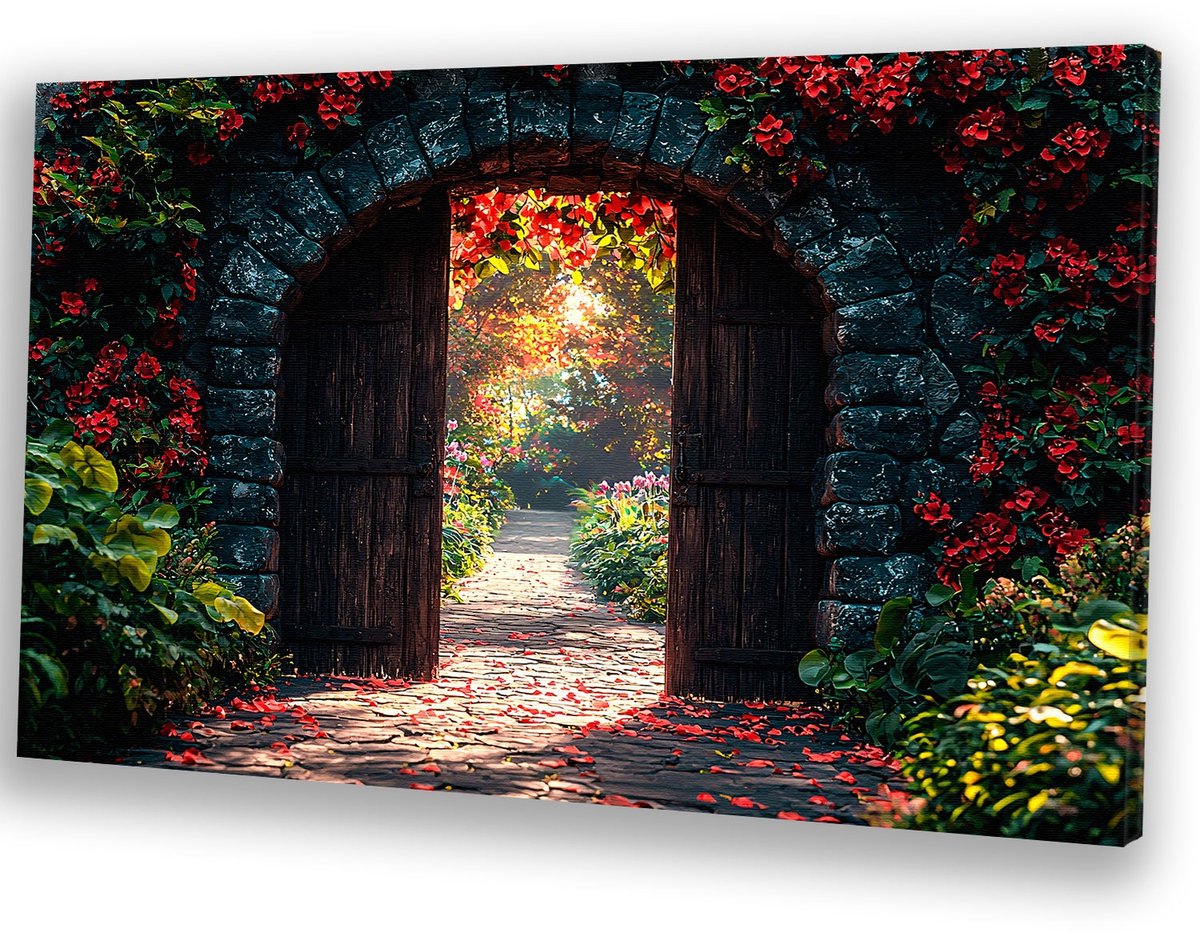 Tuinpoort met rode bloemen - Tuinpoort canvas schilderijen - Canvas schilderijen poort - R