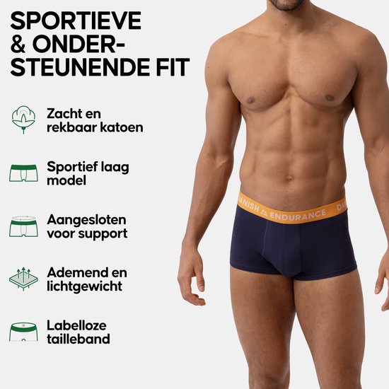 Man in een donkerblauwe boxer met gele tailleband. 'Sportieve & ondersteunende fit', zacht en rekbaar katoen.