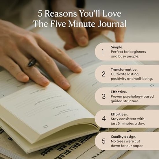 Open 'The Five Minute Journal' met handen die erin schrijven. Tekst '5 Reasons You'll Love The Five Minute Journal'.