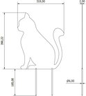 Technische tekening van een zittende metalen kat, inclusief afmetingen.