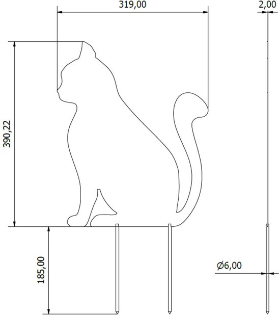 Technische tekening van een zittende metalen kat, inclusief afmetingen.