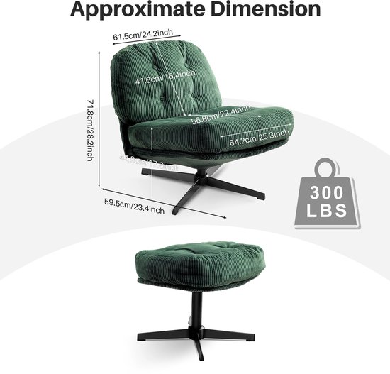 Fauteuil relax - Fauteuil à bascule - Fauteuil de salon - Fauteuil d'appoint pliant moderne - Fauteuil de salon capitonné pivotant à 360° - avec coussin épais et pouf pour salon - Vert