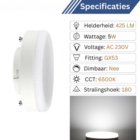 Ampoule LED Prinos avec culot GX53 - Lumière blanche froide 6 500 K - 5 W = 40 W - PACK DE 3