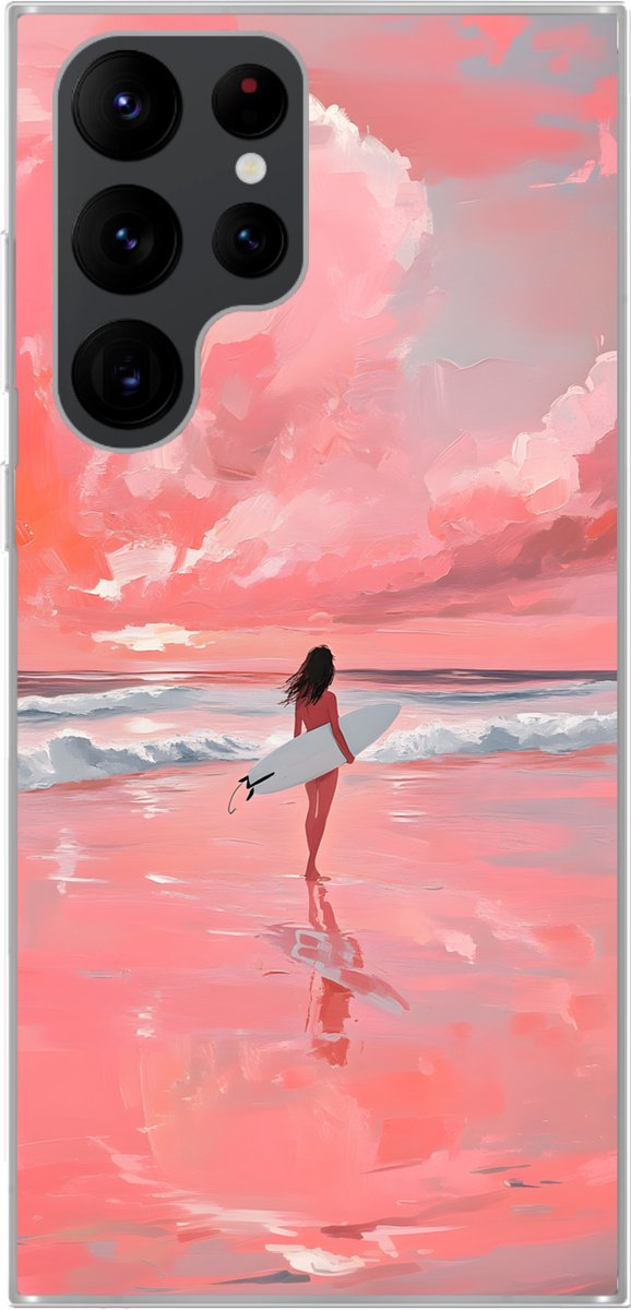 Telefoonhoesje Geschikt voor Samsung Galaxy S22 Ultra hoesje - Roze - Surfen - Zee - Siliconen Telefoonhoesje Telefoonhoesje