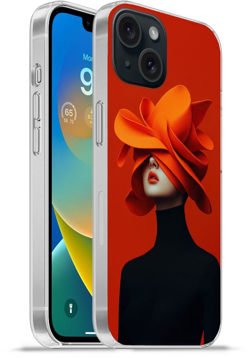 Telefoonhoesje Geschikt voor iPhone 15 hoesje - Oranje - Hoed - Vrouw - Siliconen Telefoonhoesje Telefoonhoesje