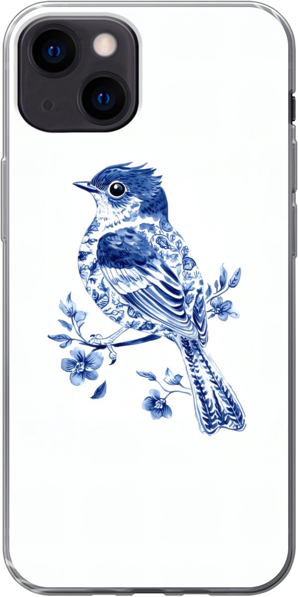 Telefoonhoesje Geschikt voor iPhone 13 hoesje - Vogel - Delfts blauw - Illustratie - Bloemen - Siliconen Telefoonhoesje Telefoonhoesje
