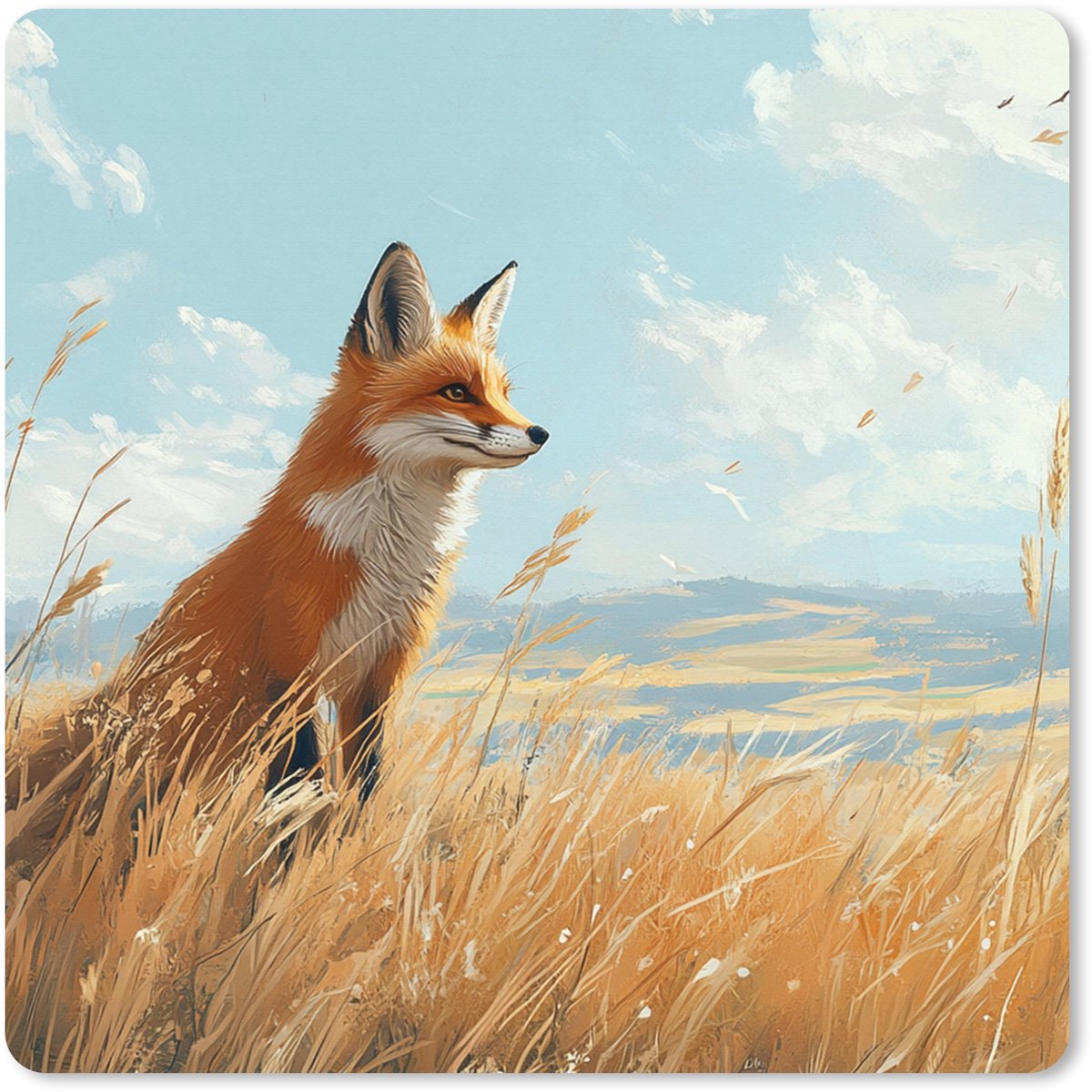 Muismat XXL 50x50 cm - Bureau onderlegger - Bureau mat Vos - Gras - Wolken - Oranje - Bureaumat - Gaming mousepad xl - Bureaulegger groot - Computer deskmat