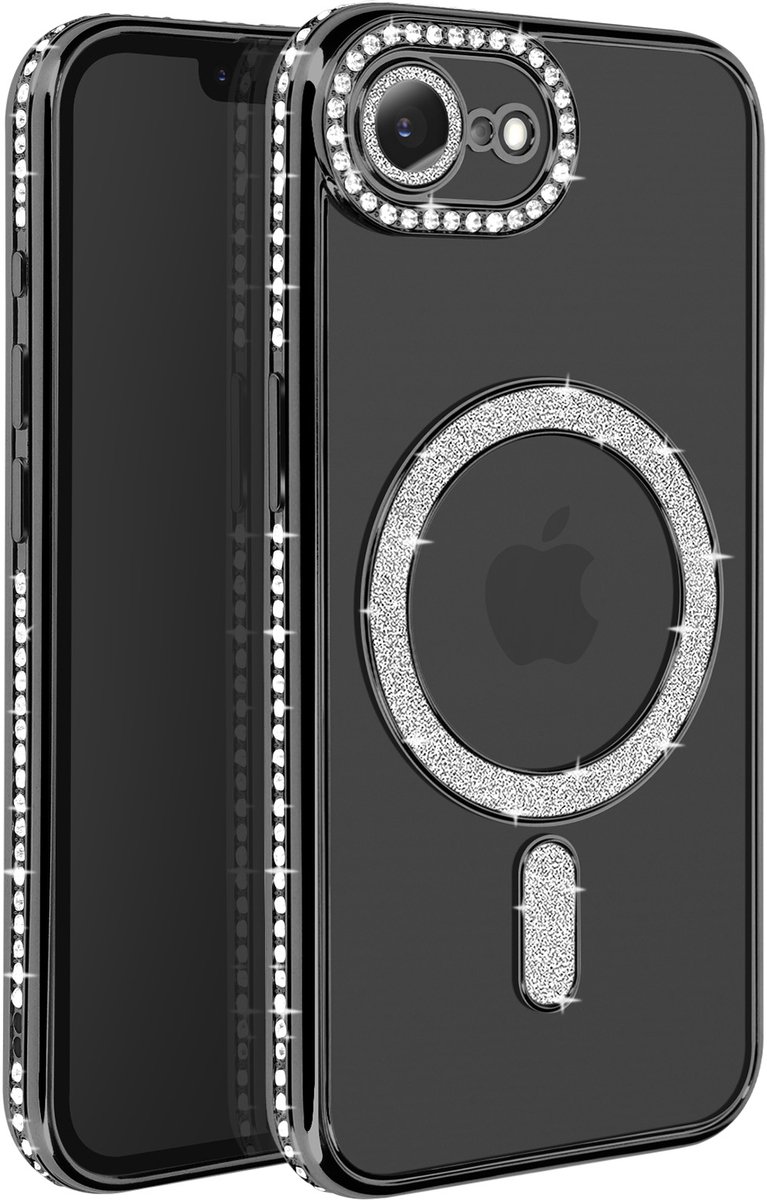 Avizar Diamanten hoesje Geschikt voor Apple iPhone 16e MagSafe Omtrek Strass, Zwart