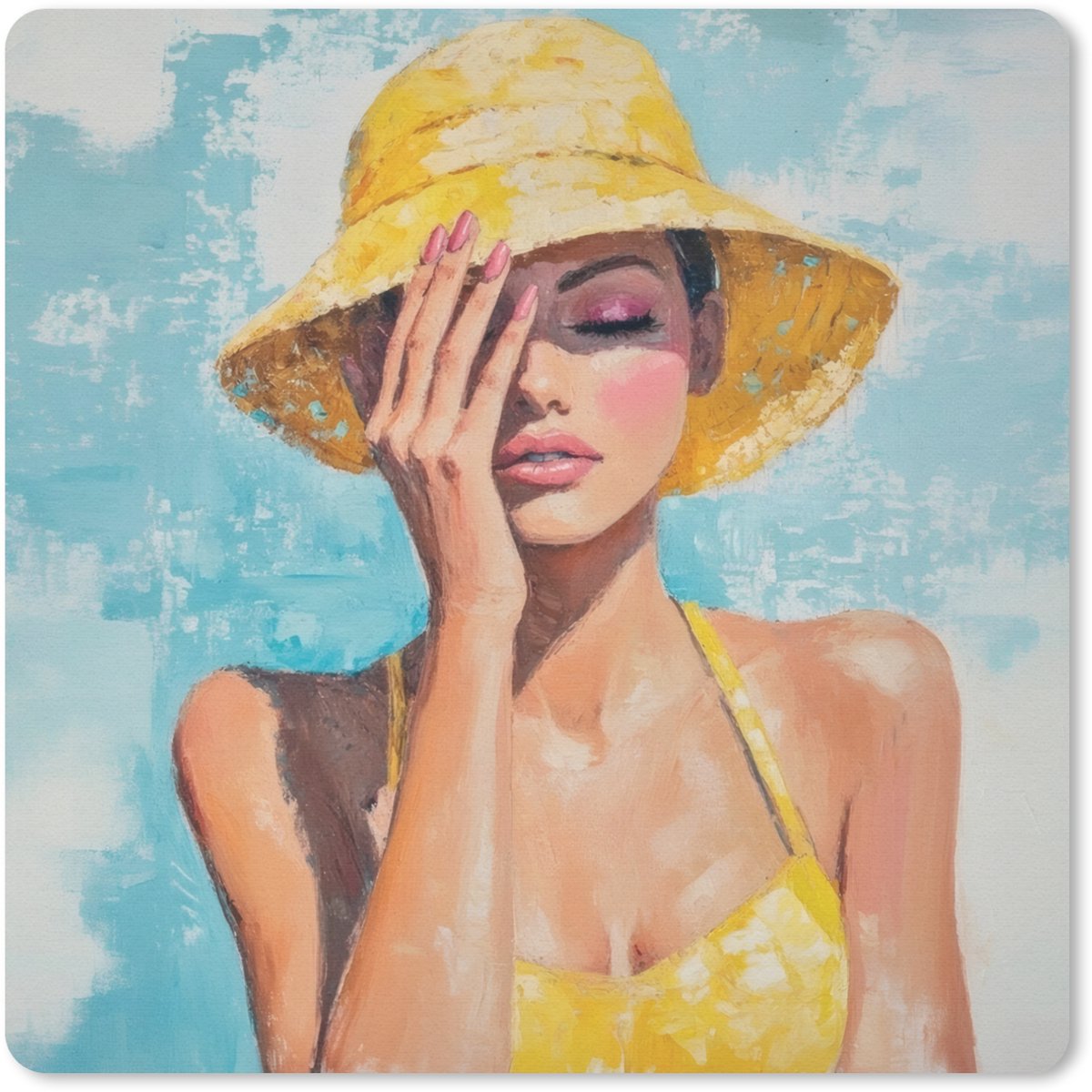 Muismat 20x20 cm - Mousepad Schilderij - Vrouw - Hoed - Geel - Muismatten