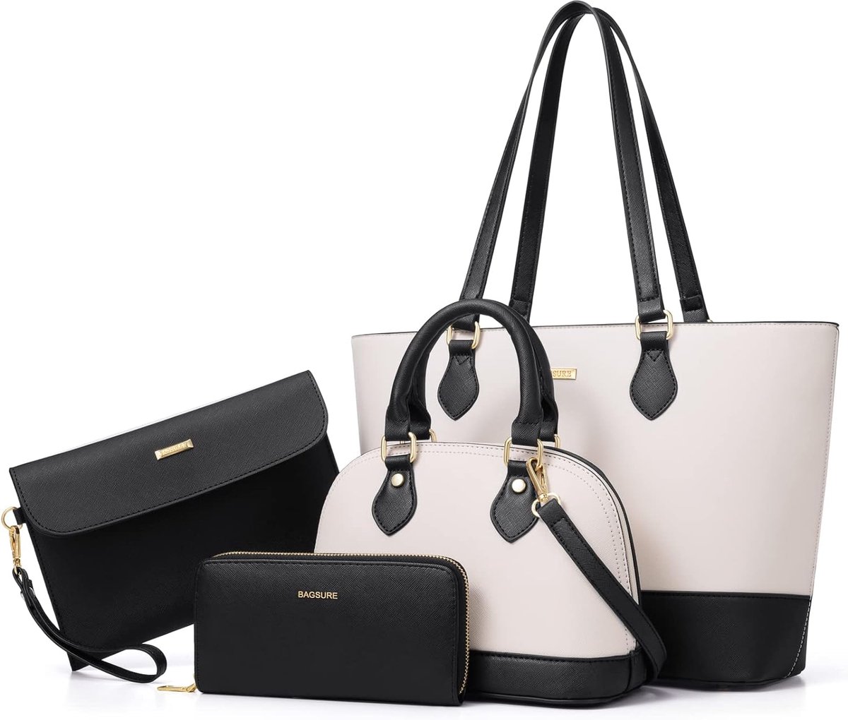 HAUSS SPOLE Dames Handtassen - 4-Delige Dames Handtas Set - Schoudertas En Portemonnee - Combinatie Voor Dagelijks Gebruik - 33cm Ruime Capaciteit - Grote Shopper - Zwart+Wit