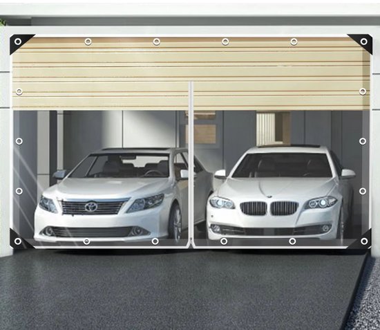 Transparante garagedeurhoes voor een dubbele garagedeur, met zicht op twee auto's.