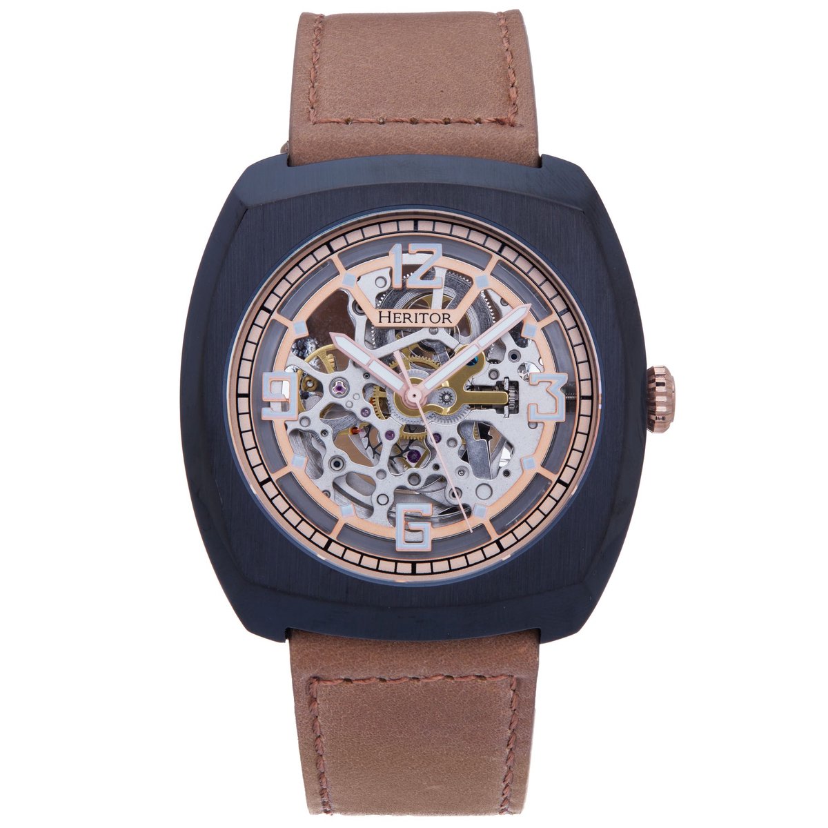 Heritor Automatic Gatling Skeletonized Leather-Band Horloge - Zwart-Lichtbruin