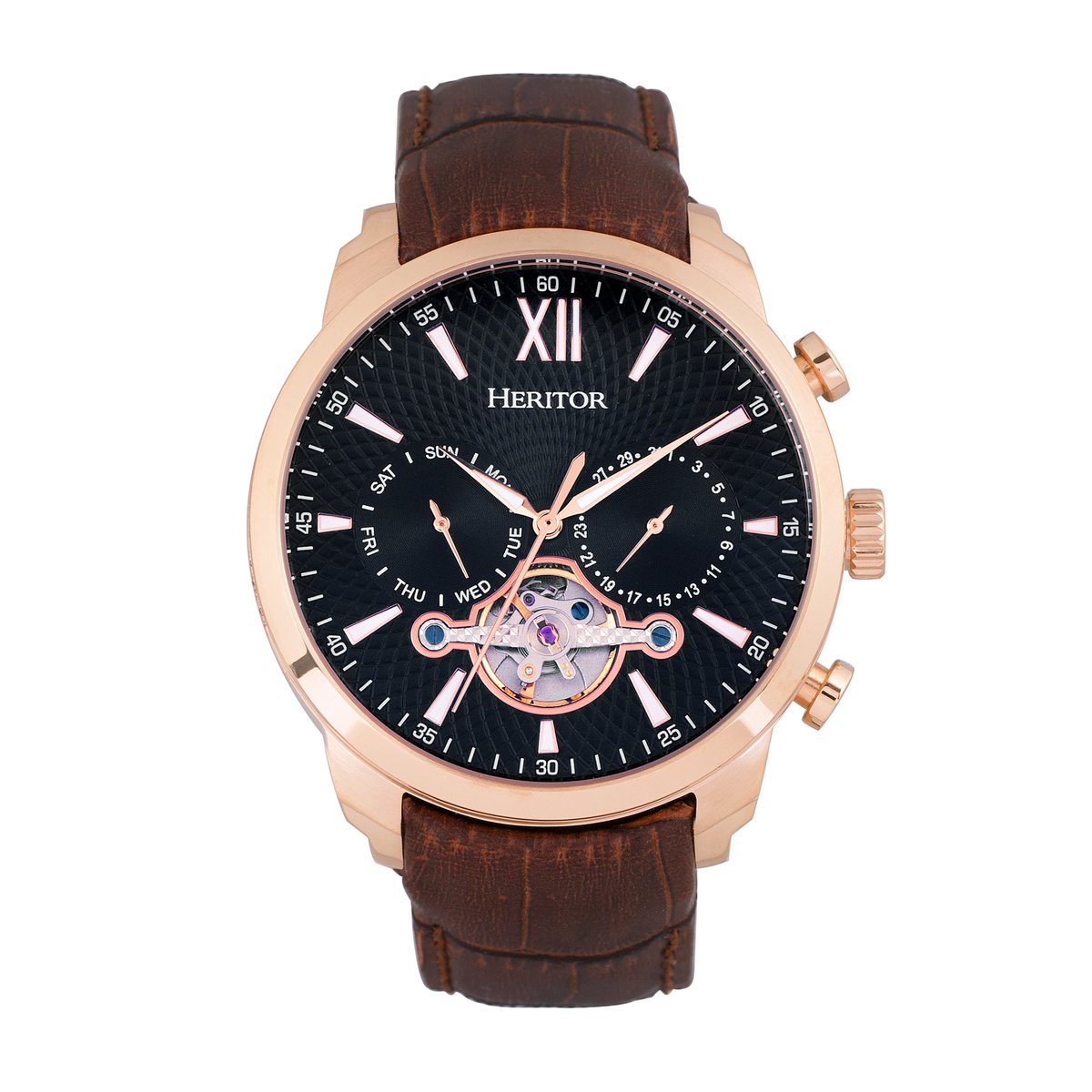 Heritor Automatic Arthur Semi-Skeleton leren band horloge met dag-datum - roségoud-zwart