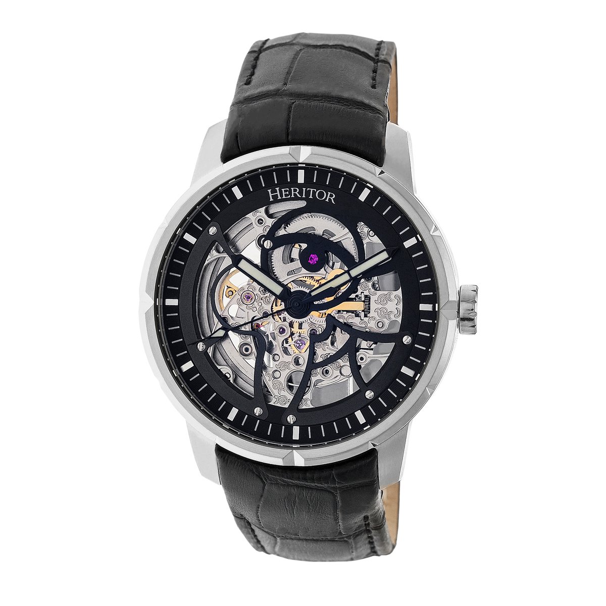 Heritor Automatic Ryder Skeleton leren band horloge - Zwart-Zilver