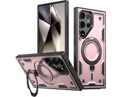 Magsafe Hoesje Geschikt voor Samsung Galaxy S23 Ultra / S22 Ultra Hoesje Rose Goud - Armor Hoesje met Met Draaibare Ring Houder