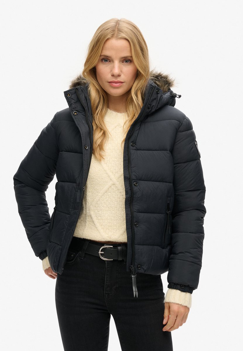 Superdry Kort pufferjack met capuchon met imitatiebont Dames Gewatteerde jassen Zwart