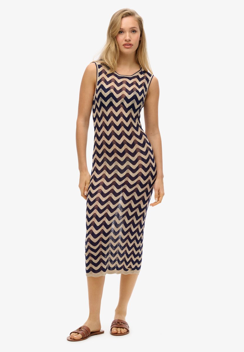 Superdry Gebreide midi-jurk met zigzagmotief Dames Jurken Marineblauw