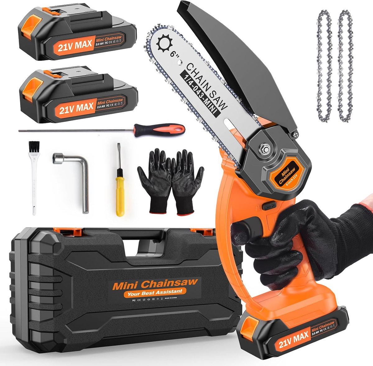 Kettingzaag - 21V - Mini Kettingzaag - Snoeizaag - Takkenzaag - Handzaag - Draagbaar - Inc. Draagtas - 2x Lithium-ion Accu - Oplader - Koffer - Brushless - voor Tuinieren - 1580W - Oranje