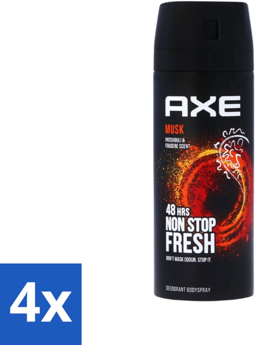 Axe - Deodorant Bodyspray - 48hrs Fresh - Musk - Patchouli & Fougere - 150 ml - Voordeelverpakking - 4 stuks