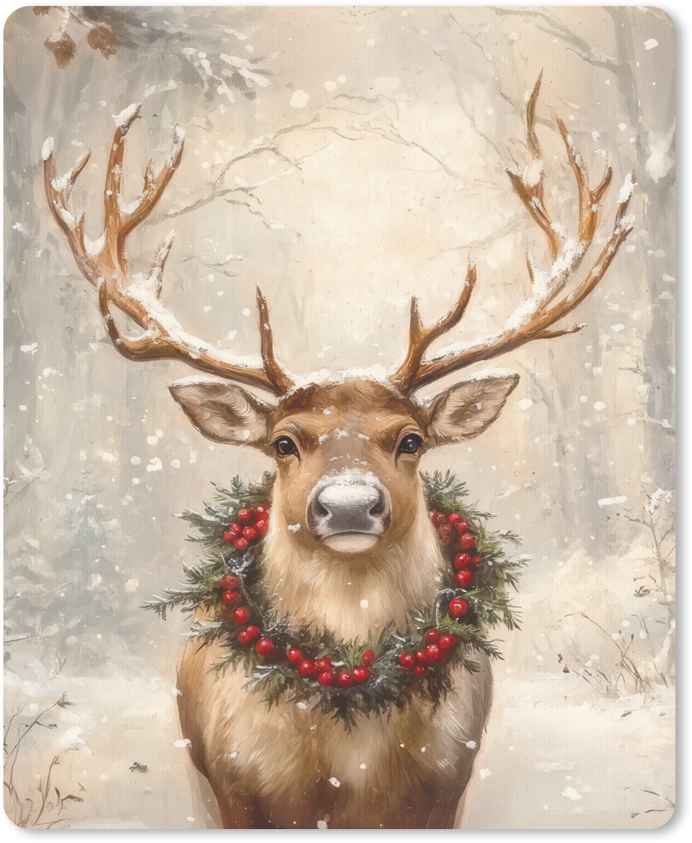 Muismat 19x23 cm - Mousepad Kerst - Rendier - Winter - Krans - Muismatten