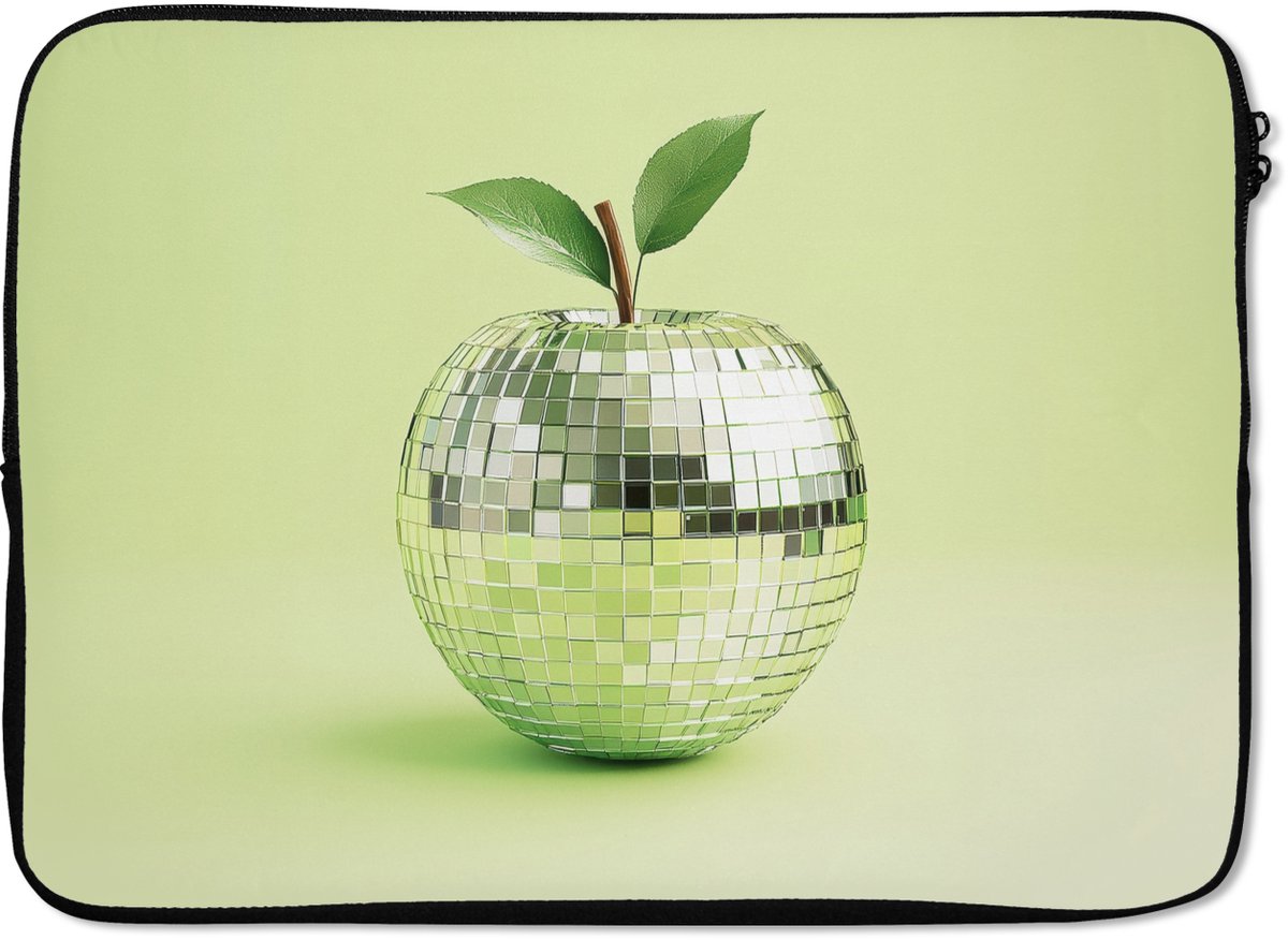 Laptophoes 14 inch - Groen - Disco - Decoratie - Appel - Laptop sleeve - Binnenmaat 33x23 cm - Zwarte achterkant
