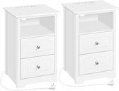 Tables de chevet, lot de 2, table d'appoint avec station de charge et 2 tiroirs, table de chevet moderne, table basse en bois, table de canapé pour chambre, salon, blanc