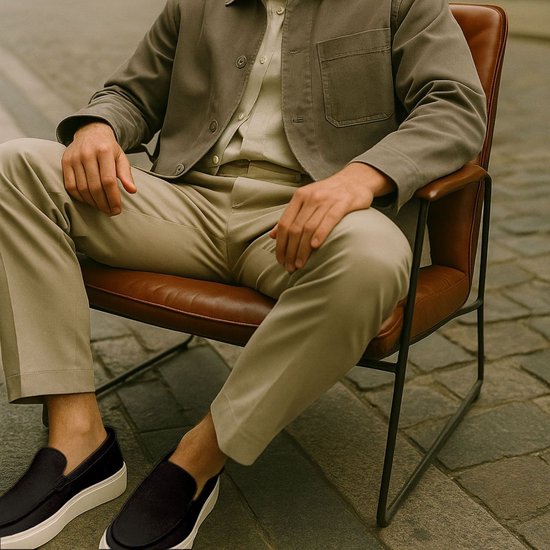Un homme assis sur une chaise porte une veste grise, une chemise beige, un pantalon beige et des mocassins noirs en daim à semelles blanches.
