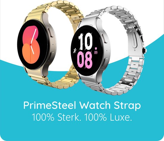 Gouden en zilveren PrimeSteel horlogebandjes, beide om een Samsung Galaxy Watch met een oranje en roze wijzerplaat.