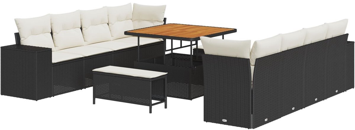 vidaXL - Tuinbank - Set - met - kussen - 11 - pcs - Zwart - poly - rattan