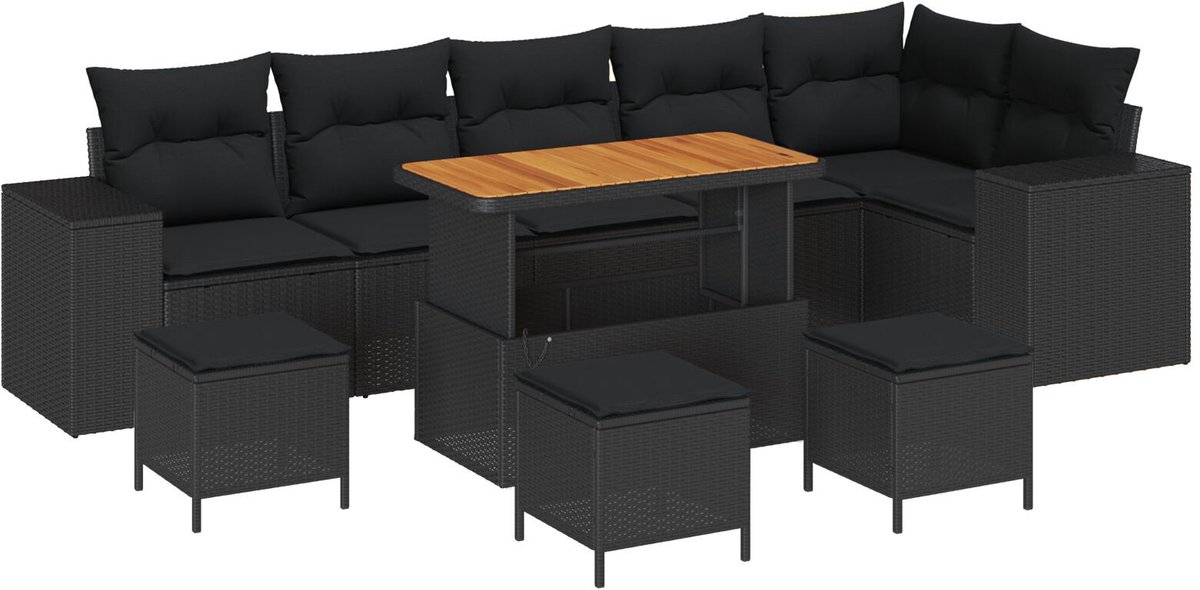 vidaXL - Tuinbank - Set - met - kussen - 9 - pcs - Zwart - poly - rattan