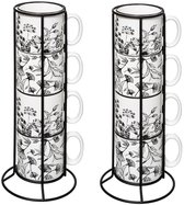 Secret de Gourmet Koffie mokken/bekers Flowers - 8x stuks in metalen rekje - Keramiek - glans afwerking - 240 ml - 7 x 8 cm