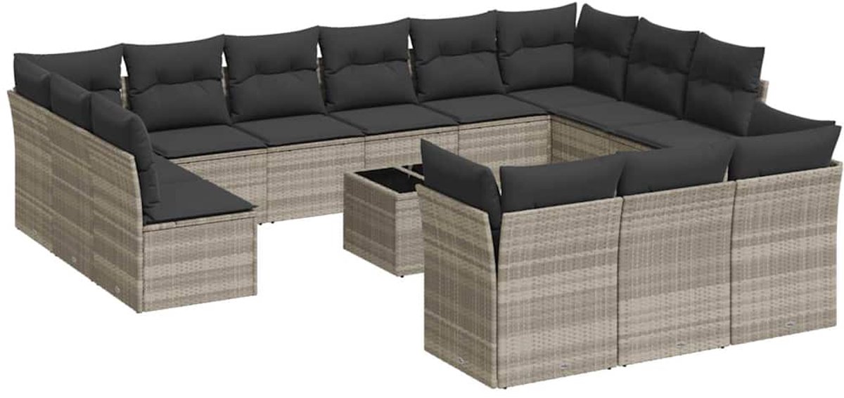 The Living Store 14-delige Loungeset met kussens poly rattan lichtgrijs - Loungebank - Lounge Set - Buitendecoratie - Tuinmeubels - Ratten Meubel
