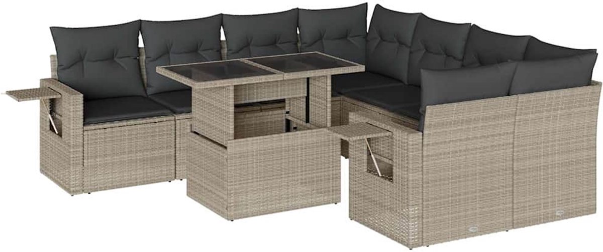 The Living Store 9-delige Loungeset met kussens poly rattan lichtgrijs - Loungebank
