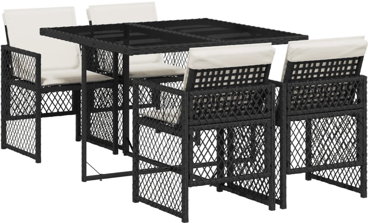 The Living Store 5-delige Tuinset met kussens poly rattan zwart - Tuinmeubles - Bistroset - Buitentijd - Lounge Set - Terrassenset
