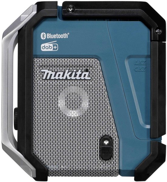 Makita radio met turquoise body, zilveren speakergrill met Makita logo en Bluetooth/DAB+ indicatie.