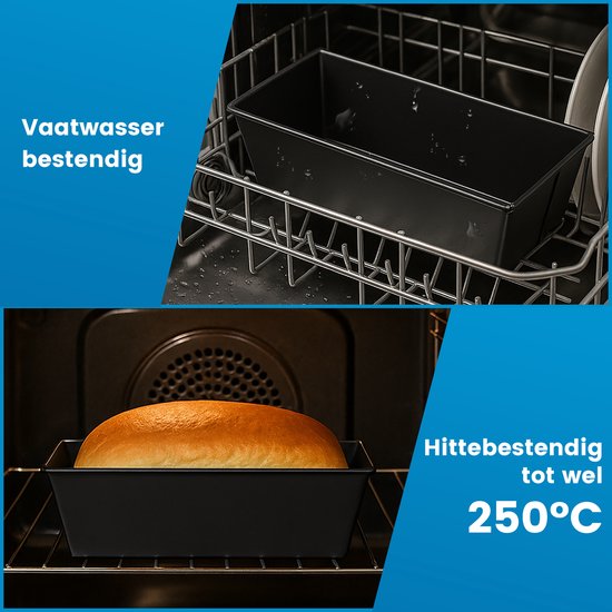 Bovenste deel: een bakvorm in een vaatwasser. Onderste deel: een brood in een bakvorm in een oven.