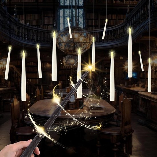 TobeBright Zwevende kaarsen met toverstaf, afstandsbediening, 12 stuks, wisselende kleuren, hangende led-kaarsen op batterijen, voor Halloween, Kerstmis, feestdecoraties (batterij niet inbegrepen