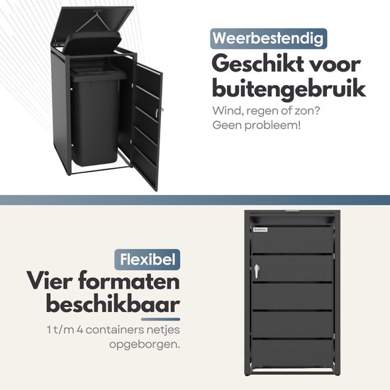Zwarte containeropslagkast met openklapdeksel en open deuren, met daarin een kliko. Tekst 'Weerbestendig Geschikt voor buitengebruik'.