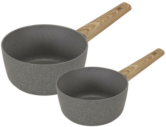 Steelpan/sauspan Sunrise - 2x - Alle warmtebronnen - Grijs - 18 en 20 cm - handvat hout effect - aluminium